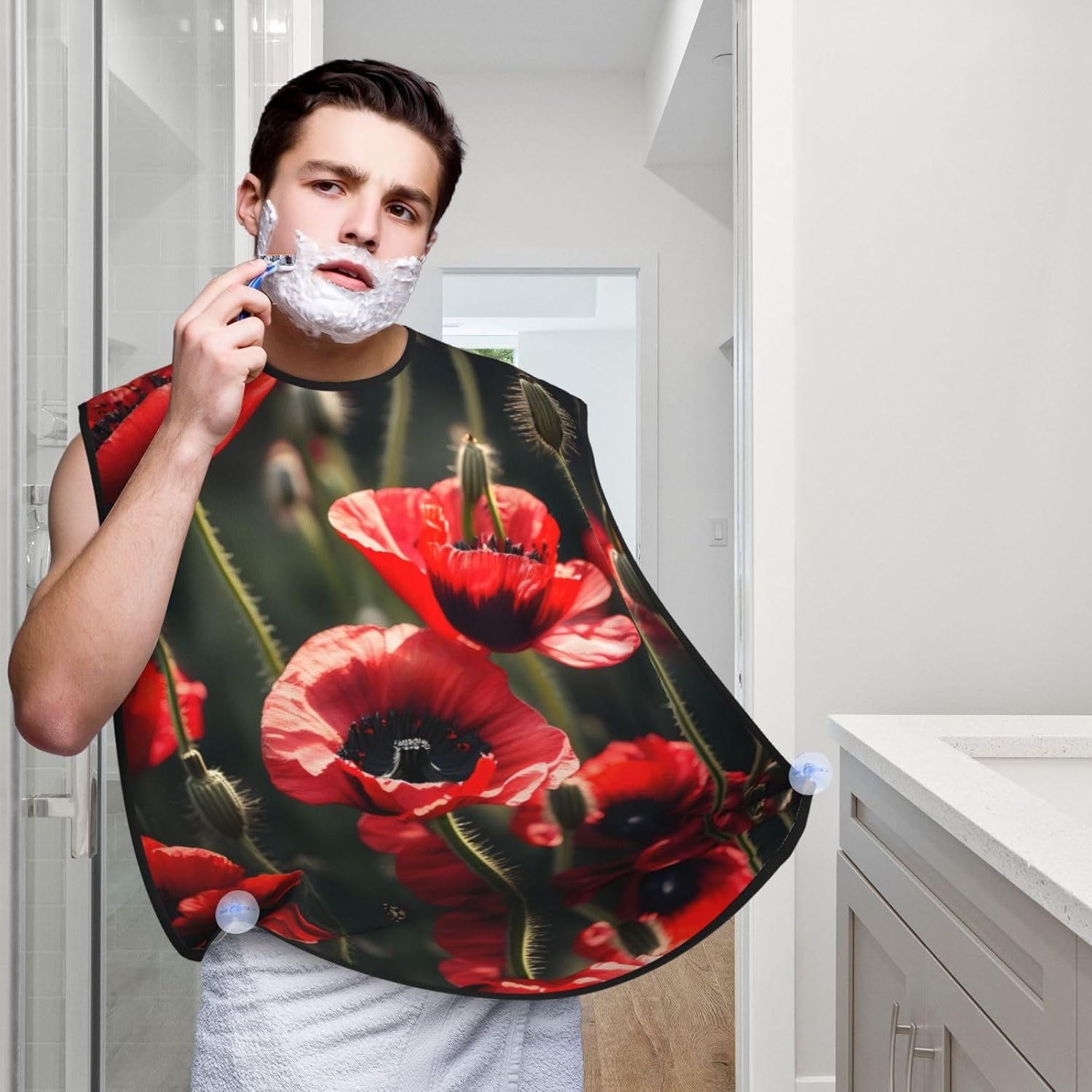 Beautiful Red Poppy Flower Print Beard Bib Apron, Shaving Apron For Dad, Men'S Hair Catcher For Shaving Best Gifts For Dad