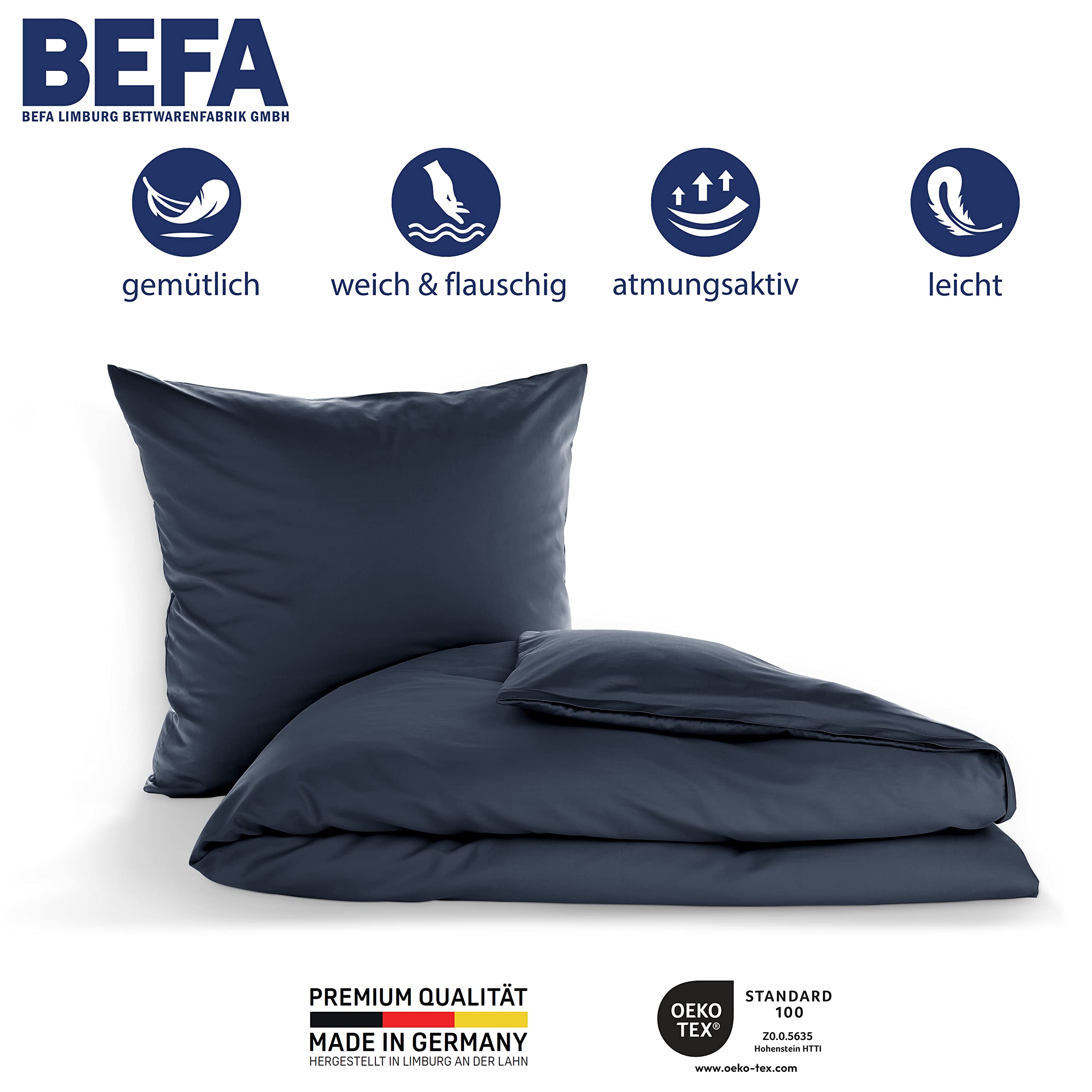 BEFA NATUR Made in Germany Bettwäsche Set, Bettbezug 155x220 cm und Kissenbezug 80x80 cm aus Baumwolle-Satin, Allergiker geeignet, Öko-Text 100 Klasse 1 Zertifiziert - Dunkelblau