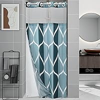 Vista 29 de Juego de cortina de ducha blanca sin gancho con forro de tela a presión, estilo hotel con ventana superior de malla transparente, diseño geométrico