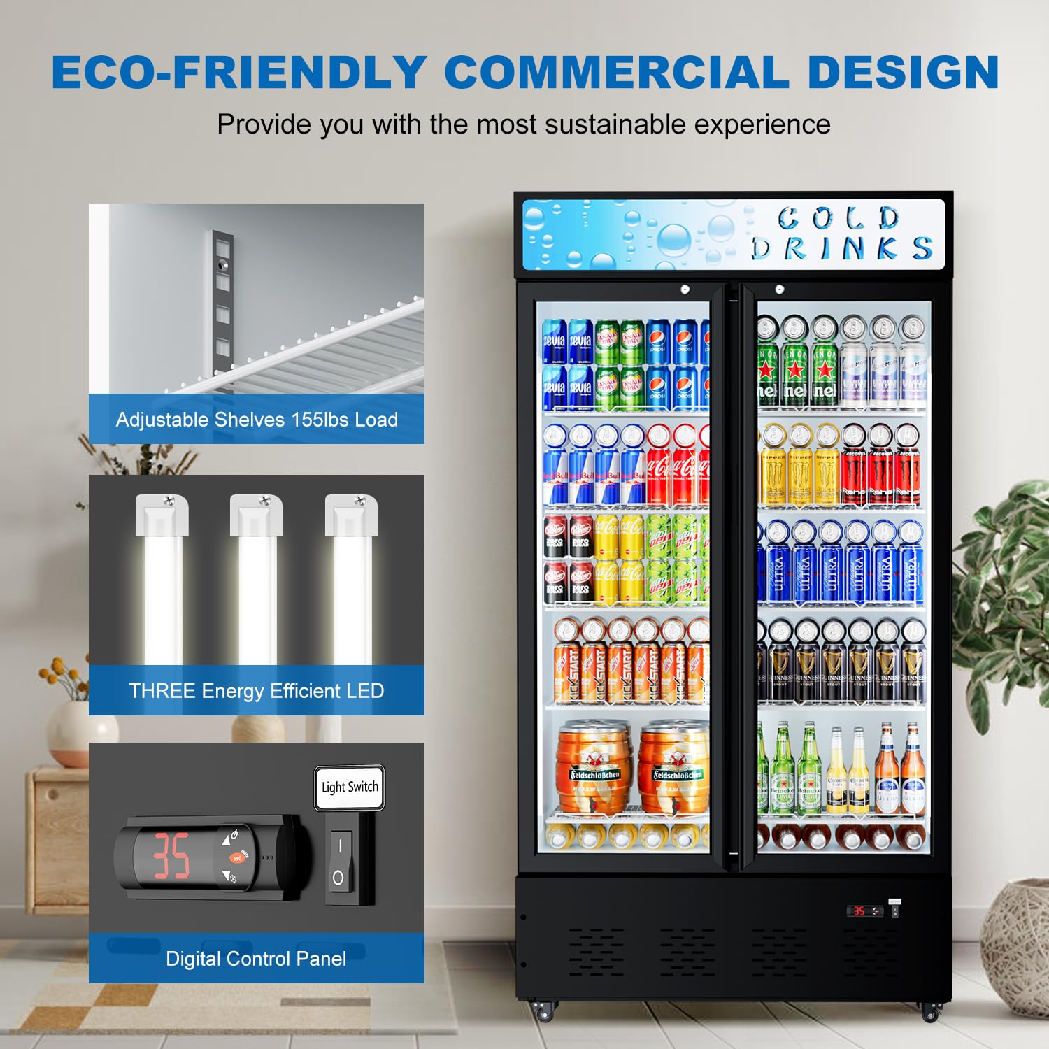 Freezlabs Commercial Display Refrigerator Glass Door 30 Cu.Ft Cooler Commercial Beverage Refrigerators With LED And 10 Shelves For Café, Restaurant, Store on Fridge.com - View 2