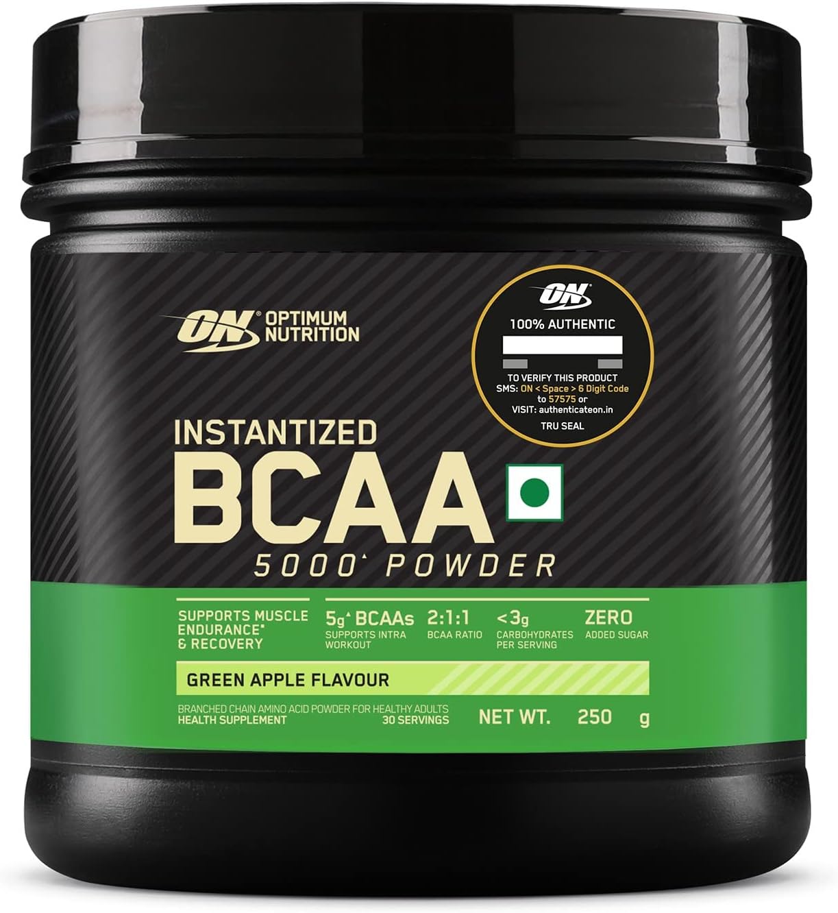 Optimum Nutrition BCAA, 5g BCAAs in 2:1:1 Ratio, 30 servings, For Muscle Recovery & Endurance, Intra workout, Informed Choice certified (250gm, Green Apple)