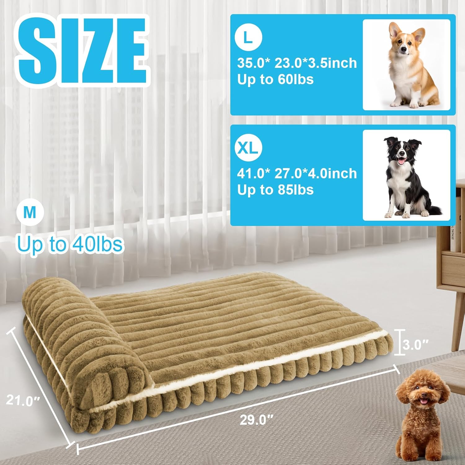 Comfort Dog Beds for Medium Size Dogs, Dog Bed with Removable Washable Cover, Deluxe Plush Dogs Bed for Crate with Pillow, Anti-Slip Pet Mat Mattress for Kennel with Durable Zipper(Brown, M)