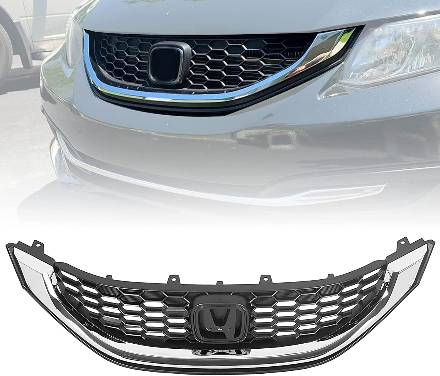 Front Bumper Grille Compatible with 2013 2014 2015 Honda Civic Sedan Bumper Upper Grill Front Chrome Trim Grille
