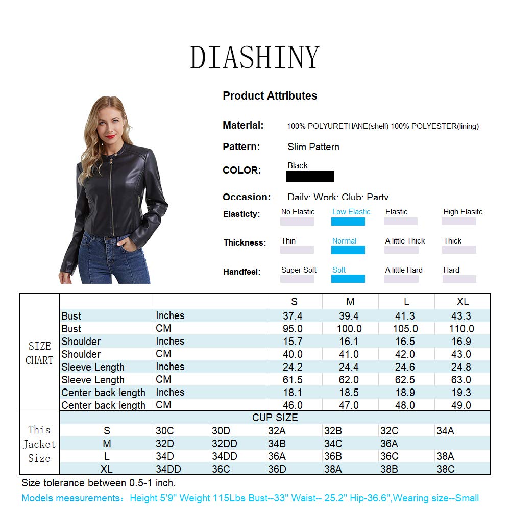 DIASHINY Kunstlederjacke für Damen, Moto-Biker-Mantel mit Reißverschluss, kurze PU-Motorrad-Oberbekleidung