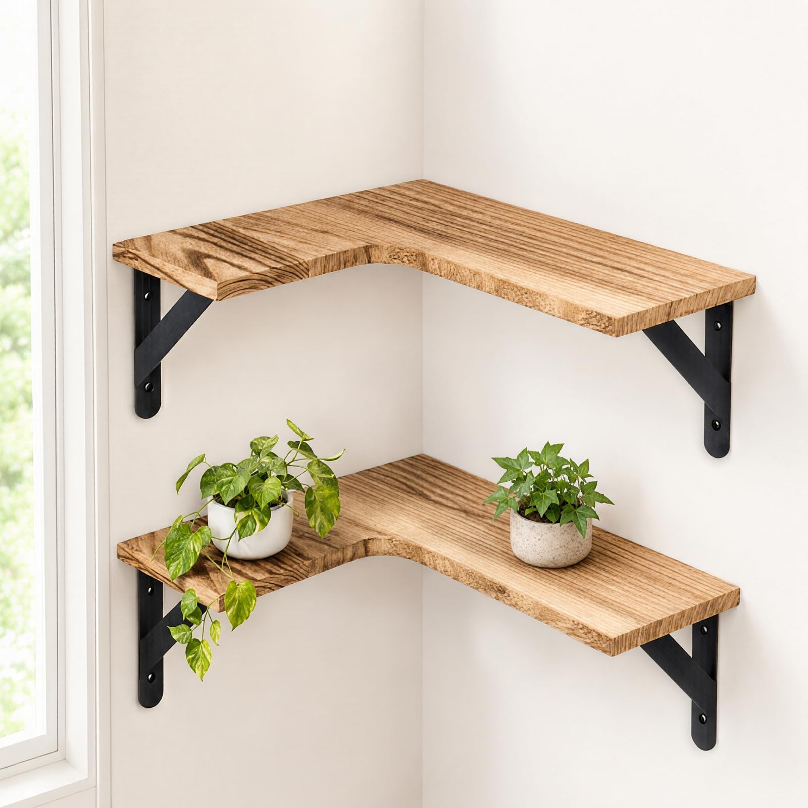 Junrvivy Corner Shelves Wall Mounted - 2 Pack Wooden Corner Floating Shelves L-Shaped Hanging Shelf Display and Storage for Book Bedroom Kitchen Bathroom Living Room Office