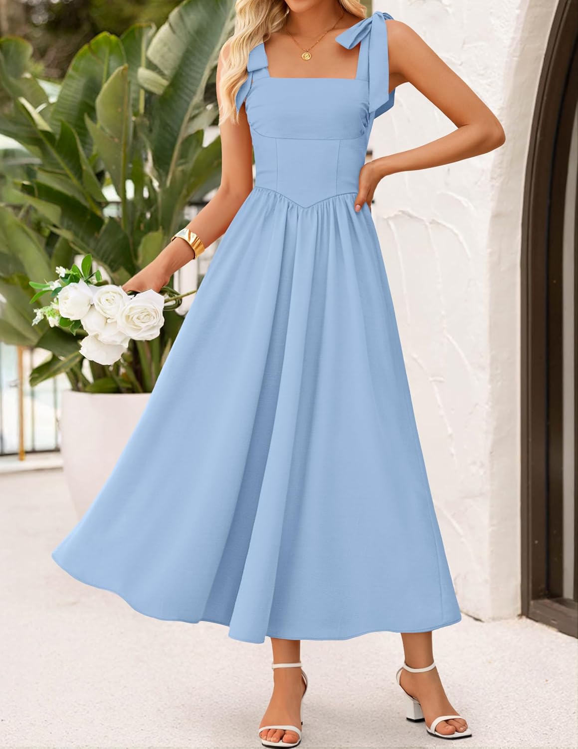 ZESICA Women's Summer Spaghetti Strap Maxi Dress 2026 Tie Shoulder Square Neck Flowy Wedding Guest Party Beach Long Dresses - Image 2