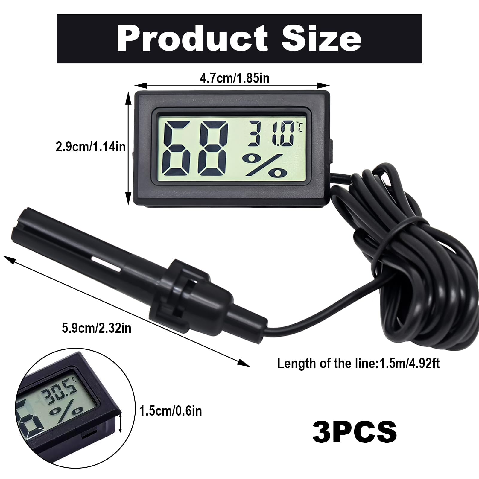 3 Pack Digital Thermometer Hygrometer, Temperature Humidity Gauge Meter Mini Probe Thermometers with LCD Display Digital Room Thermometer for Reptile Incubator Terrarium Incubator Aquarium Office - Image 3