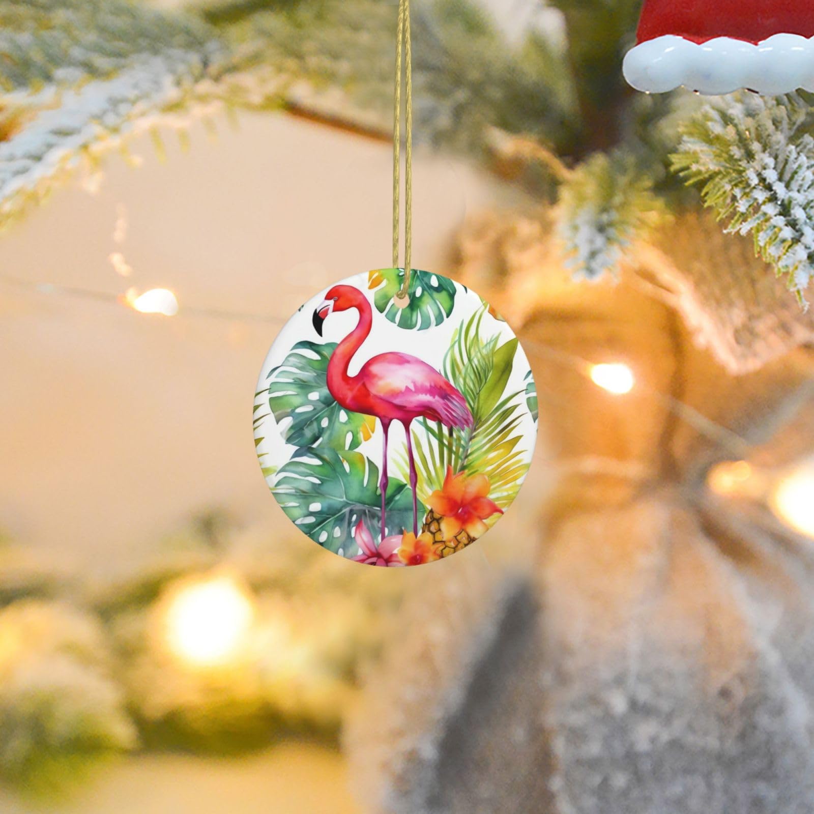 Christmas Ornaments for Christmas Tree Decoration Ceramic Hanging Tropical Flamingo Ornament with Gold Ribbon Crafts Round Pendant for Keepsake Gifts Glass Xmas Decor Party Supplies