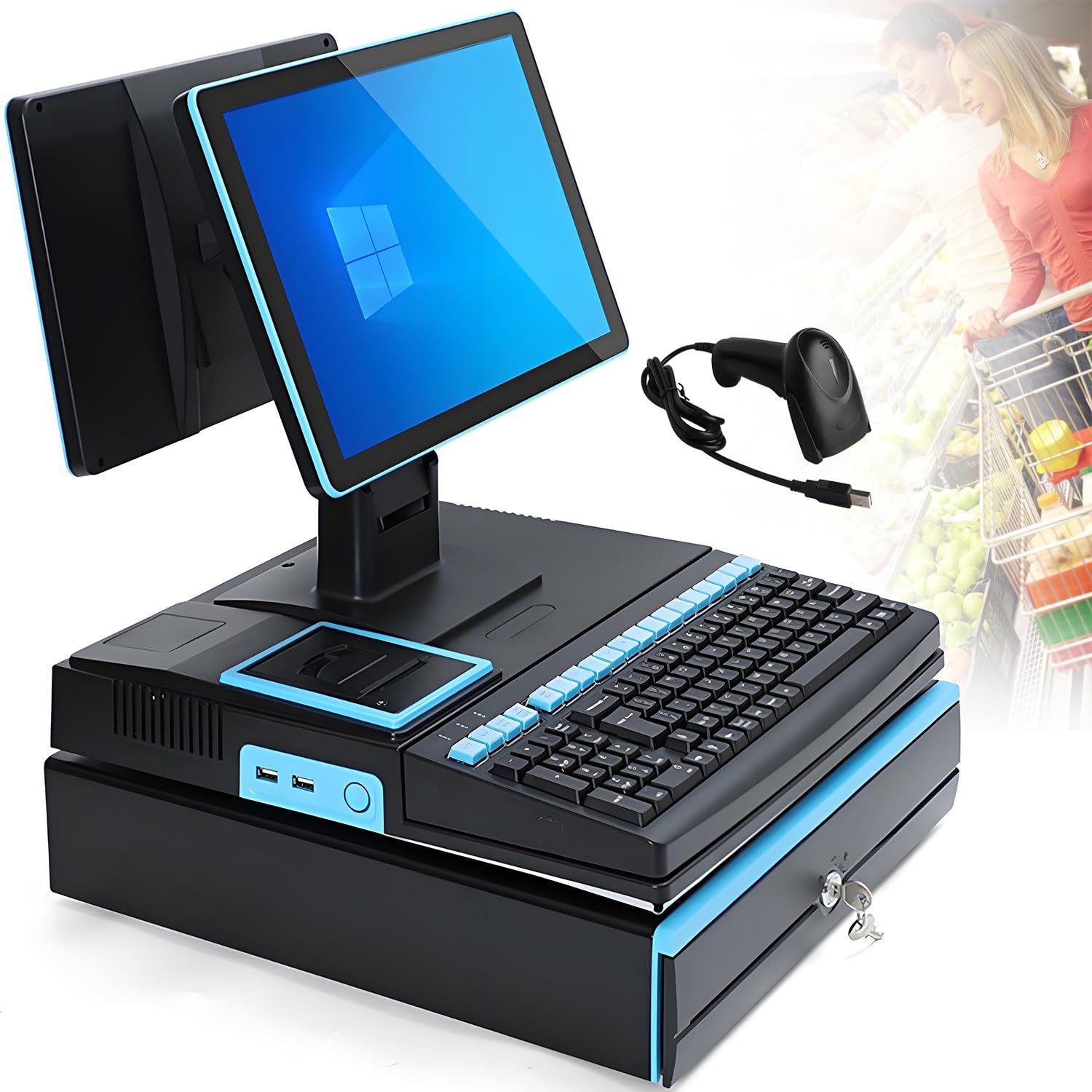 Elektroniczna kasa fiskalna, 15,6-calowy ekran dotykowy LED, terminal POS ze skanerem ręcznym, klawiatura kasy fiskalnej 101 klawiszy, drukarka termiczna 58 mm Blue-DualScreen