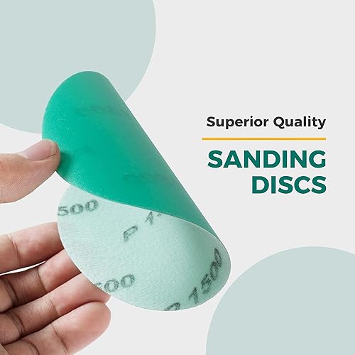 Miniatura 4 de S SATC Papel de lija de 5 pulgadas, disco de lijado de película verde de grano 1500, 50 discos de papel de lija para lijadoras, acabado abrasivo de