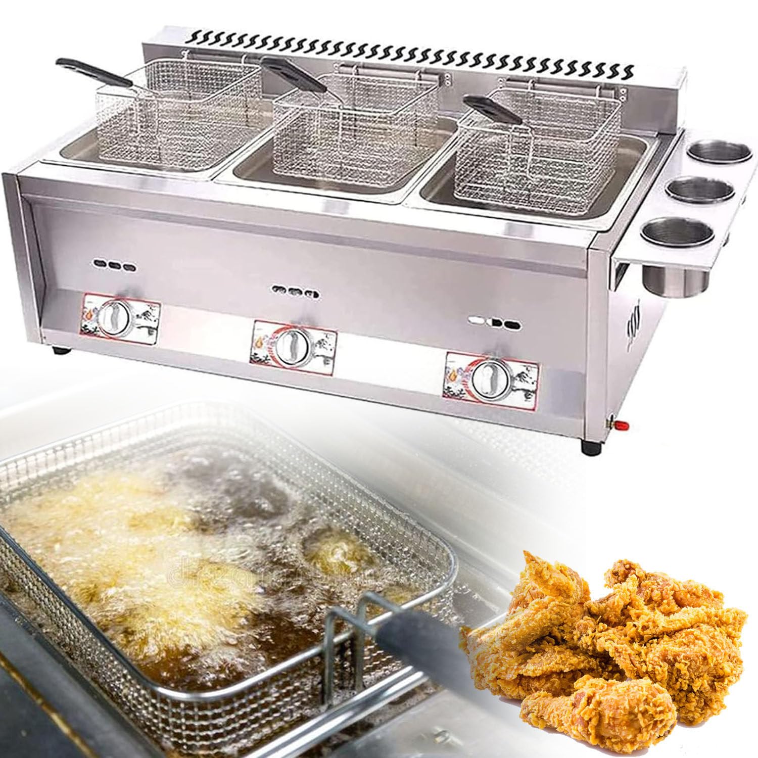 GYKOZY Deep Fat Fryer Commercial,Professional Gas Fryer,Stainless Steel Fryer Double Cylinder Gas Fryer with Basket and Lid Large Capacity Stainless Steel Chicken Chips Fryer