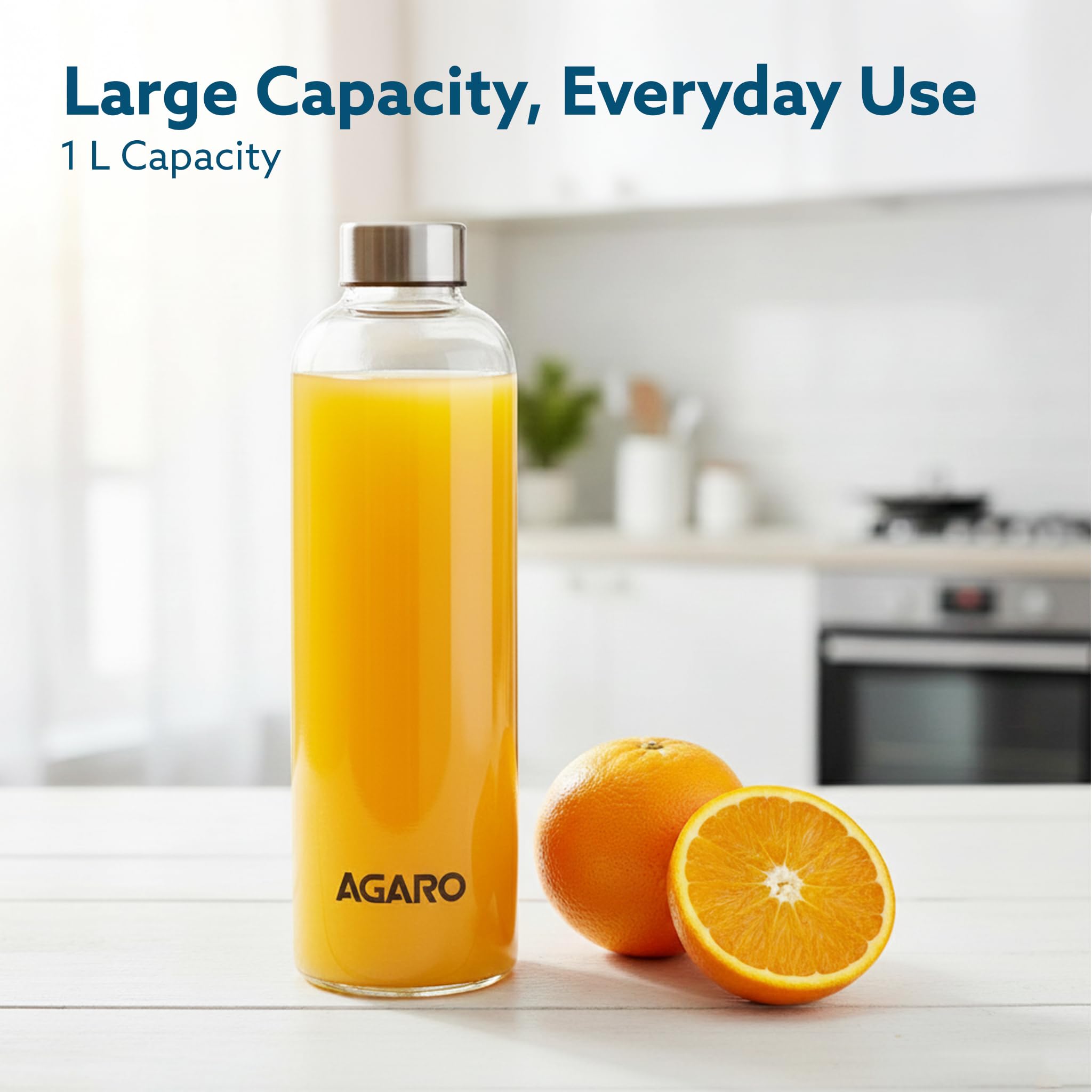 AGARO Elite Borosilicate Glass Water Bottles, Pack of 3, 1000ml Capacity Each, Microwave & Freezer Safe, Leak Proof & Airtight Lid, Scratch Resistant, Transparent. — Amazon image 3