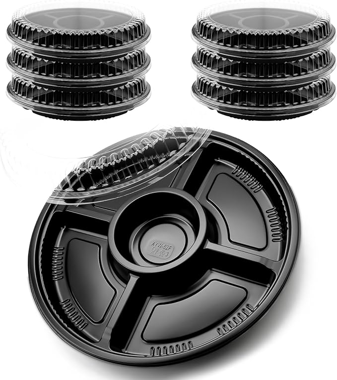 Mbsomnus 6 Pack Compartment Trays with Lids Serving Platter Reusable Plastic Snack Tray Round