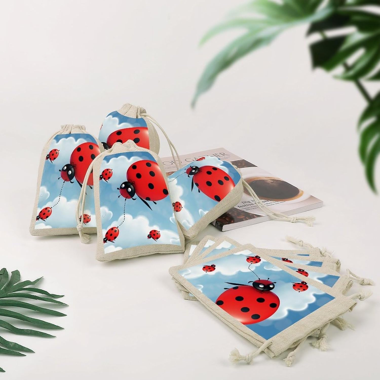 FekiLoot Ladybug And Cloud Cotton Linen Drawstring Bags Pack of 8 image 4