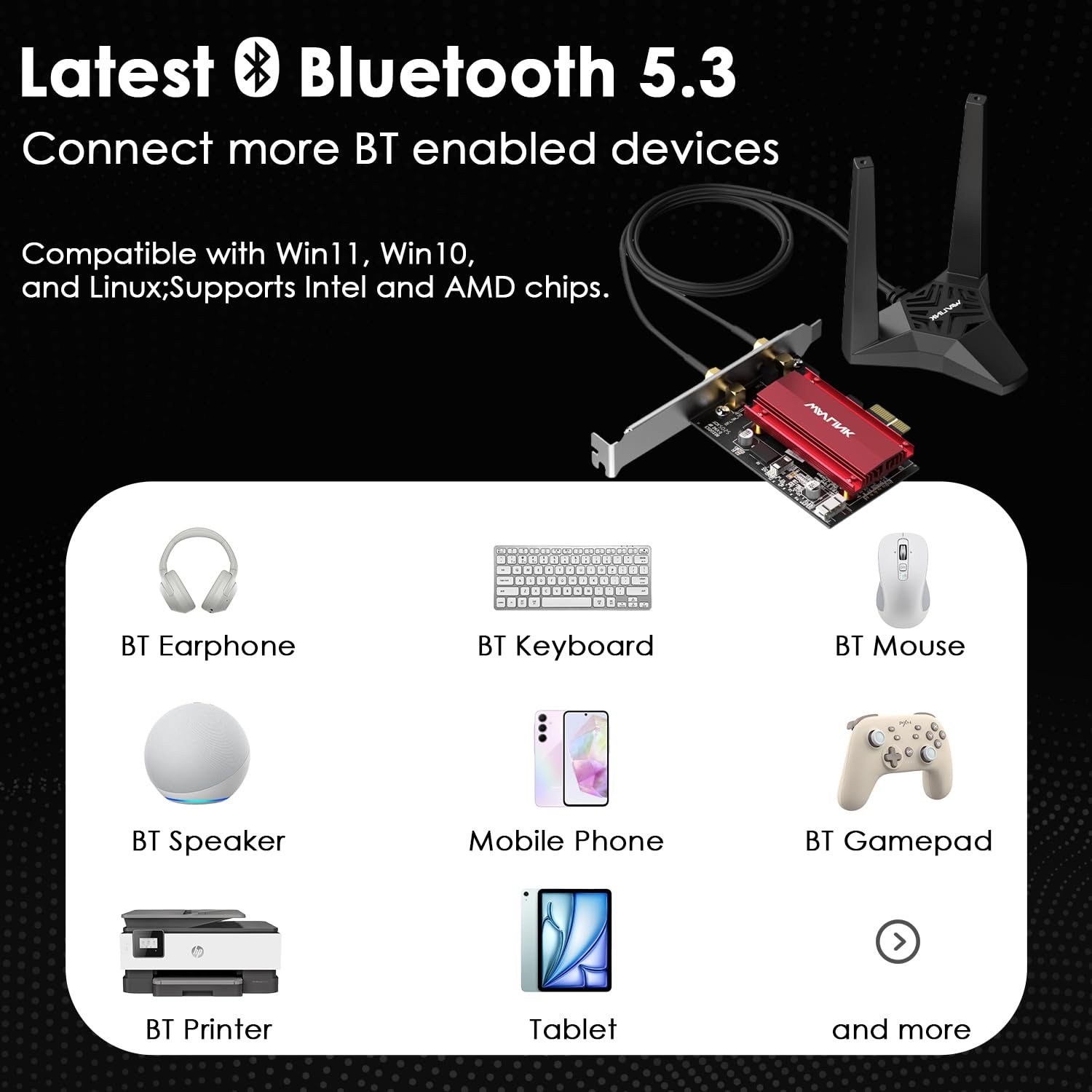 WAVLINK AXE5400 Carte réseau WiFi 6E PCIe Tri-Band AX210 Adaptateur sans fil avec Bluetooth 5.3, MU-MIMO, WPA3, OFDMA, support à profil bas, dissipateur de chaleur, pour PC Windows 10/11