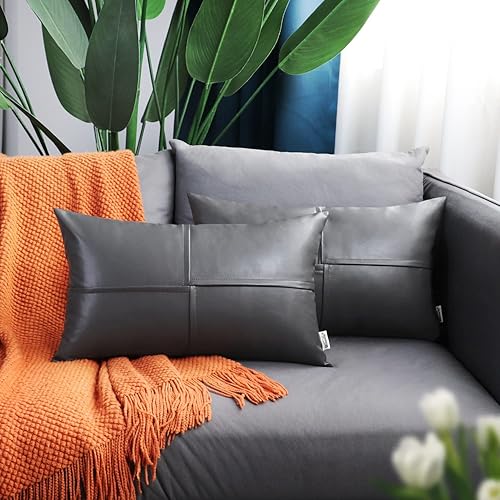 Miniatura 2 de BRAWARM Fundas de almohada de piel sintética de 12 x 20 pulgadas, gris lumbar, paquete de 2, fundas de almohada de cuero cosidas a mano para sofá,
