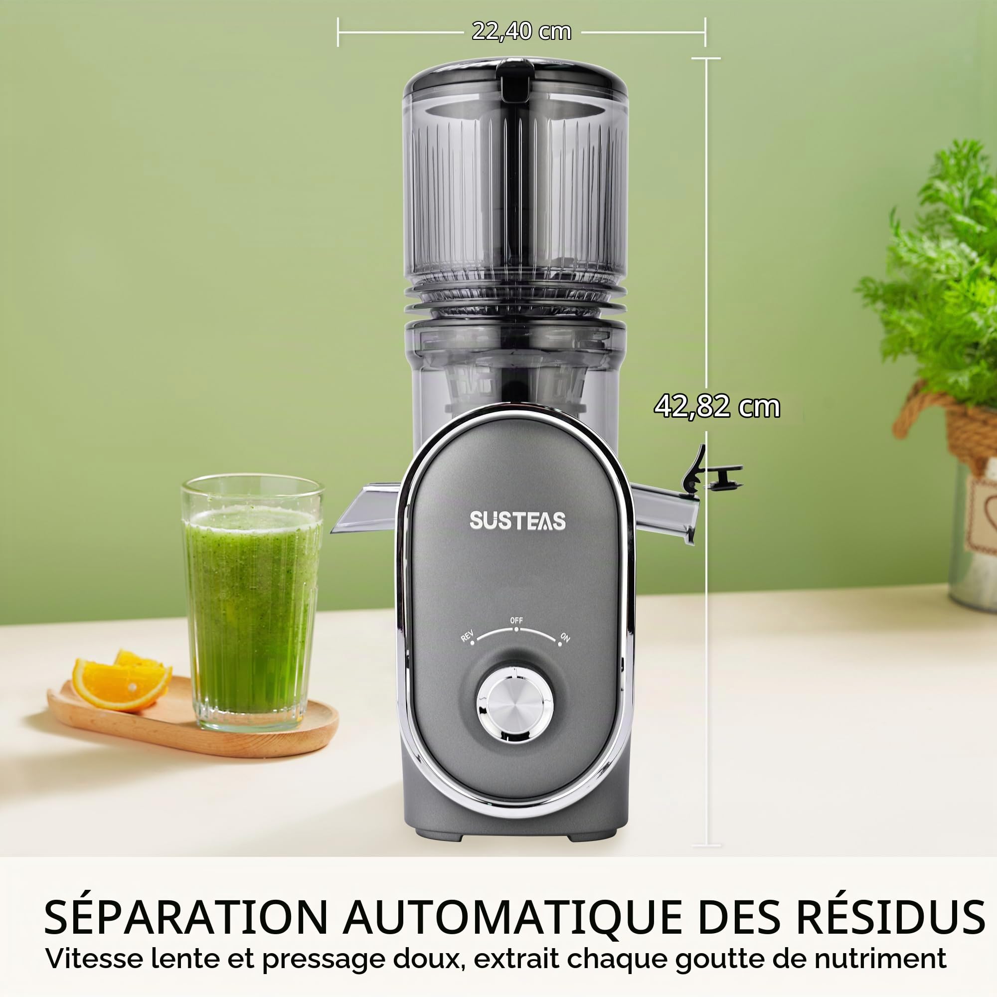 SUSTEAS Presse-agrumes à froid, goulotte d'alimentation de 13,5 cm (capacité de 1417,5 g), extracteur de jus à mastication lente de 300 W pour fruits et légumes entiers, alimentation automatique