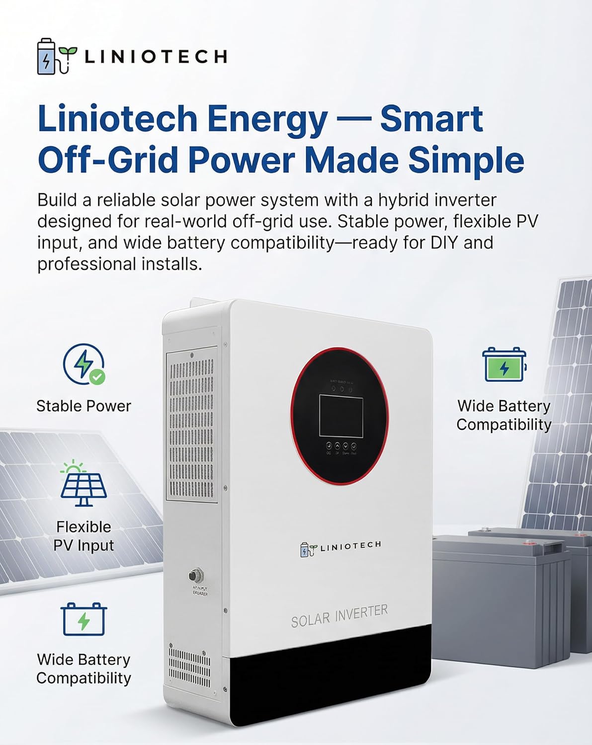 Liniotech 3600W 48V Hybrid Off-Grid Solar Inverter Charger, Pure Sine Wave, 120V AC Output, 4000W MPPT, 300V PV VOC Input, Remote Monitoring, Lithium & Lead-Acid Battery Cabin/Shed/RV/Workshop