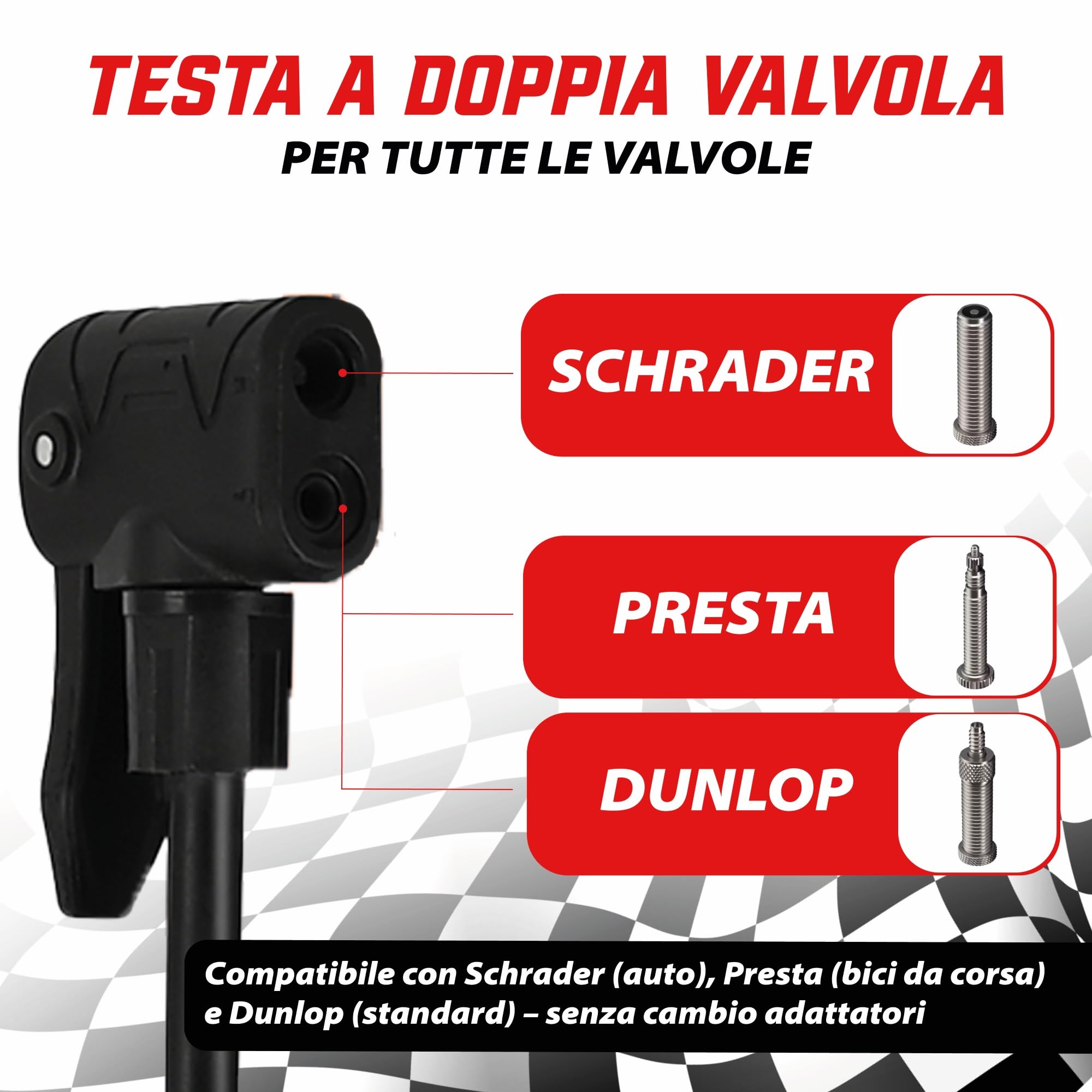 Pompa a pedale con manometro 42 cm 11 bar per valvole Schrader Presta Dunlop