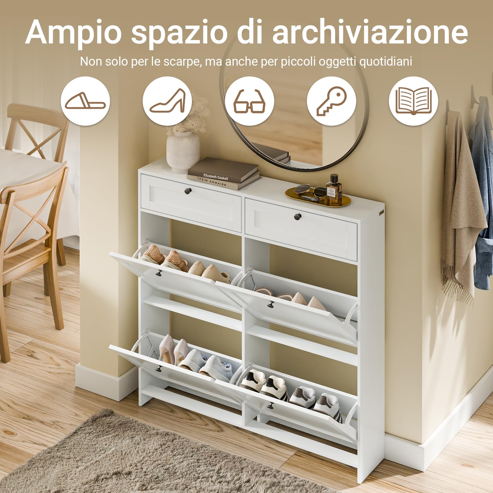 SoBuy Scarpiera Salvaspazio Slim, Scarpiera In Legno Bianco, Mobile Ingresso con 4 Ante a Ribalta e 2 Cassetti, a 12 Paia di Scarpe, Con Protezione Antiribaltamento, 100x19x107cm FSR208-W