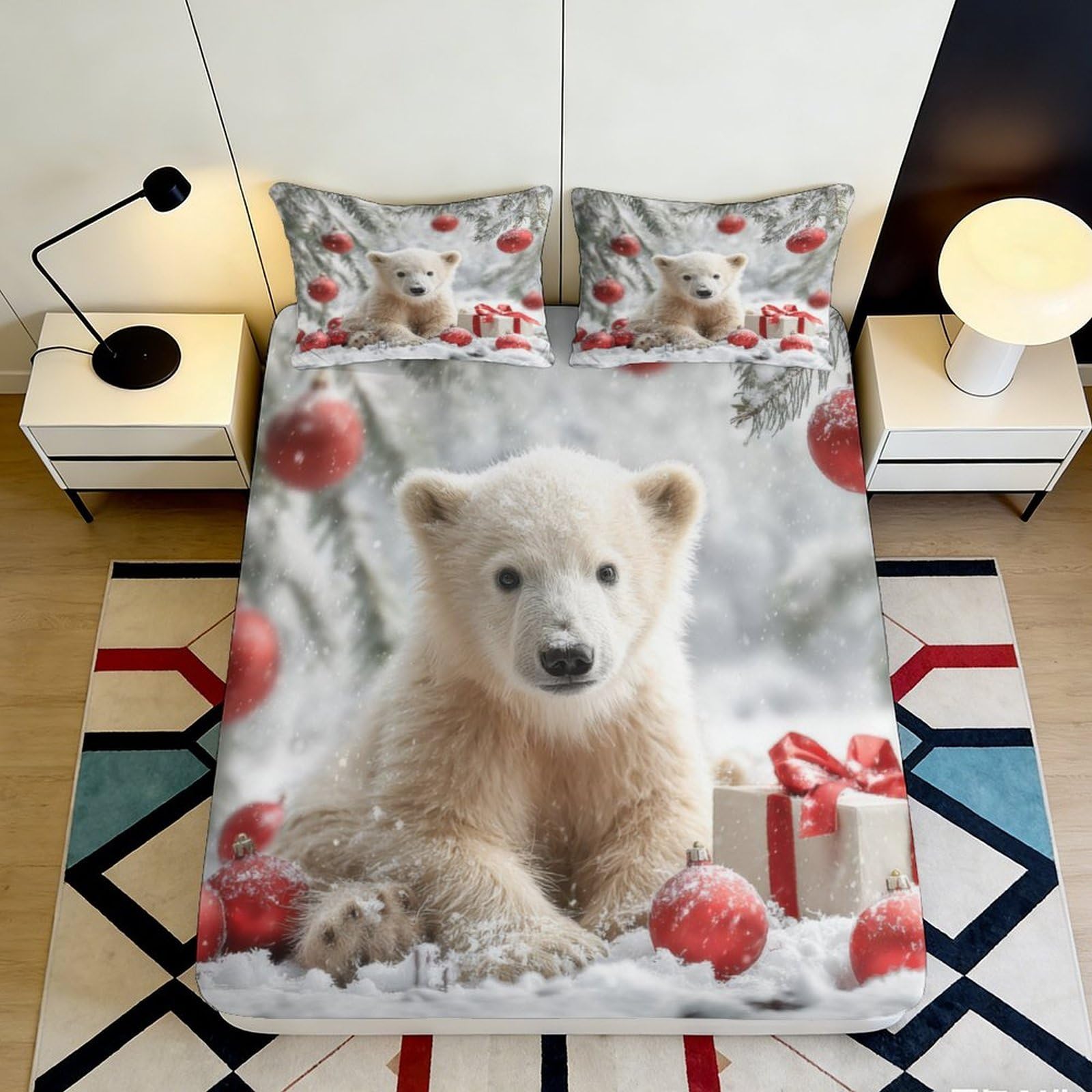 3D Printed Polar Bear Winter Fitted Sheet Microfiber Soft Bed Sheet for Bedroom Dorm Mattress Decor 90x200x25cm