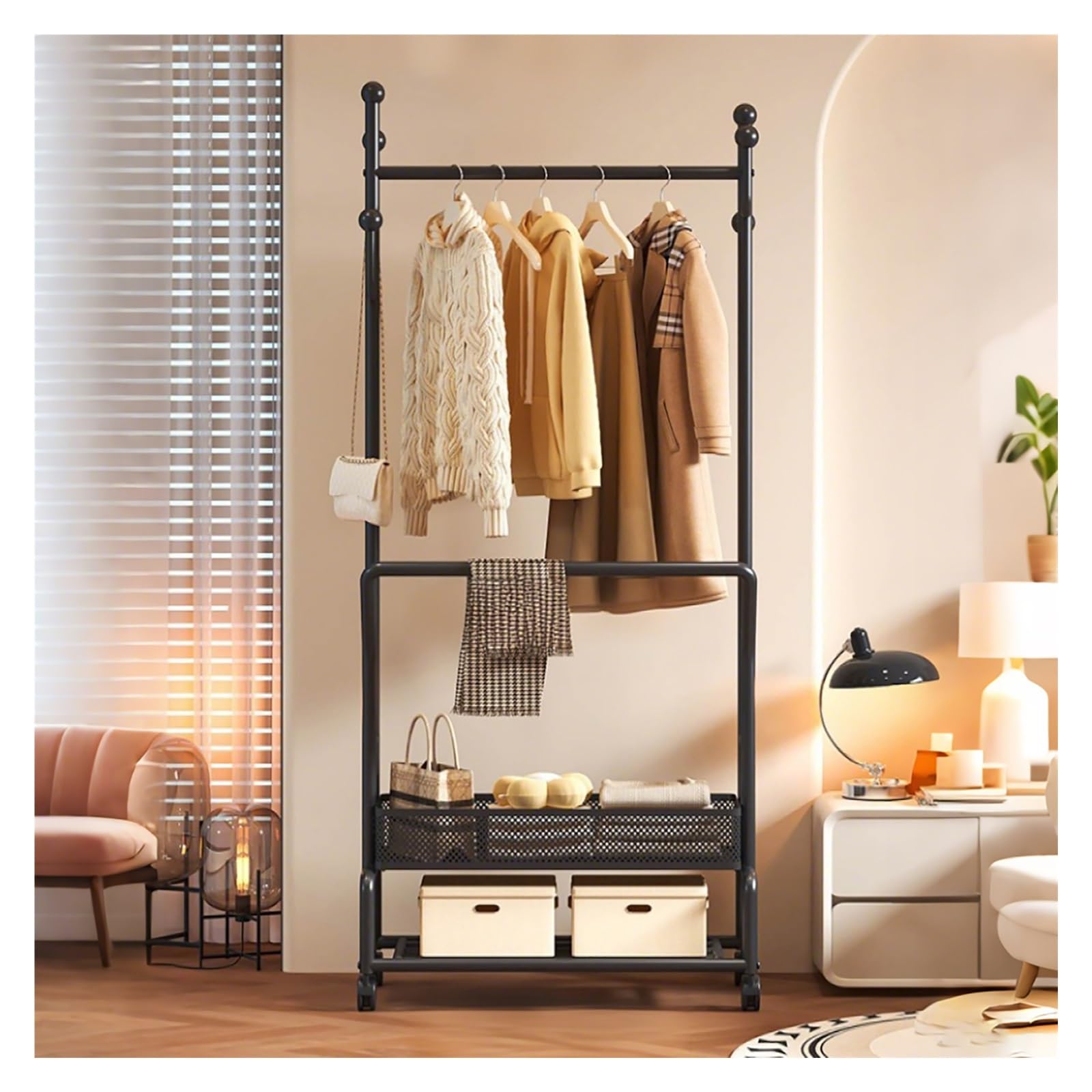 Lshtshf-ou Double Rods Garment Rack With Wheels Heavy Duty Clothes Rolling Clothing Racks With Shelves Wardrobe Closet(Black,60cm)