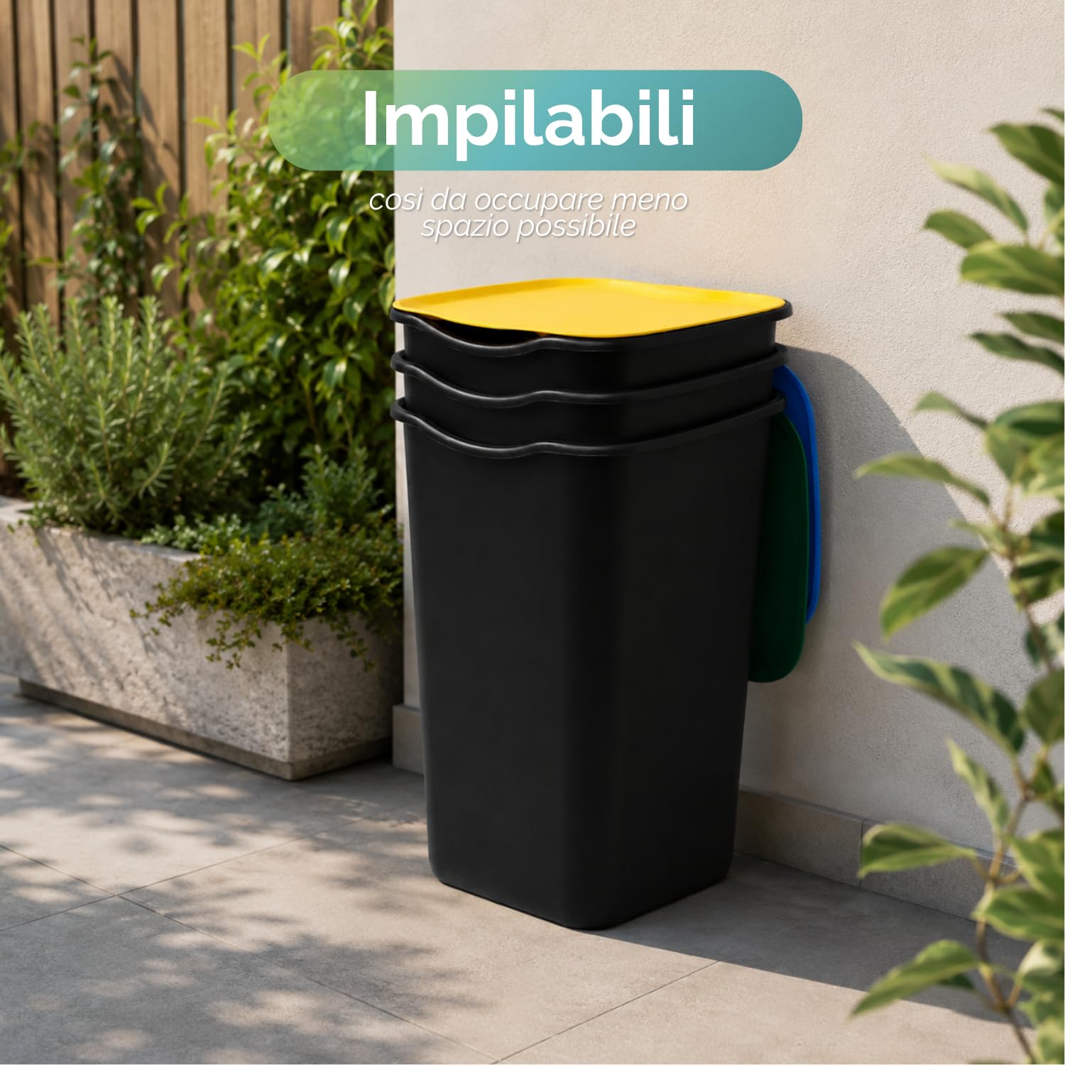 VIRSUS Set 4 Pattumiere con Coperchio per Raccolta Differenziata 128, misura 37,5x36x53,5 cm, Capacità 50 Litri, Bidoncini Spazzatura Impilabili, Colori Giallo, Verde, Azzurro e Grigio