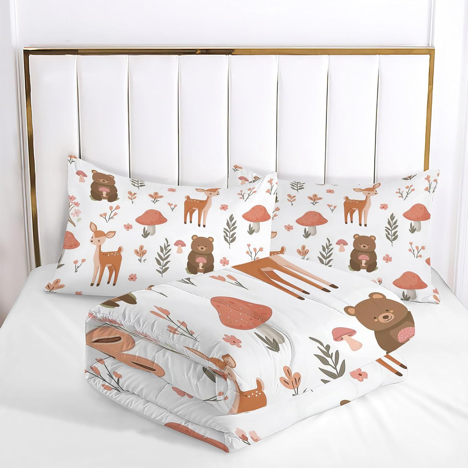 Forest Animals Comforter Set King Size, Cute Little Deer Bedding Set for Girls Boys, Off White Quilt Bed 104"X90" Bedding Comforter Sets with 2 Pillowcase Room Decor