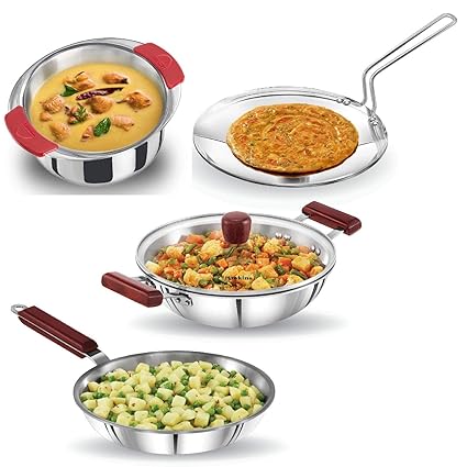 Hawkins Tri-Ply Stainless Steel Cookware Combo Set, 4 pcs (26 cm Frying Pan, 26cm Tava, 2.5 L Deep-Fry Pan with Glass Lid and 2.5 L Patila)