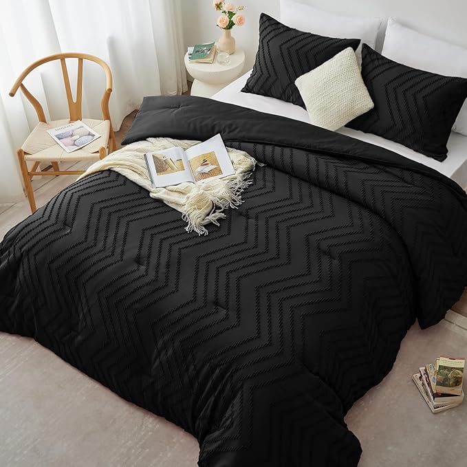 Amazon.com: CozyLux Queen Comforter Set Black - 3 Pieces Black Boho ...