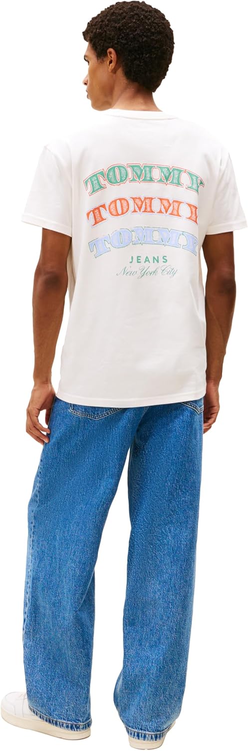 Tommy Jeans Men's Short Sleeve Cotton Graphic T-Shirts with Printed Stacked Back Graphic