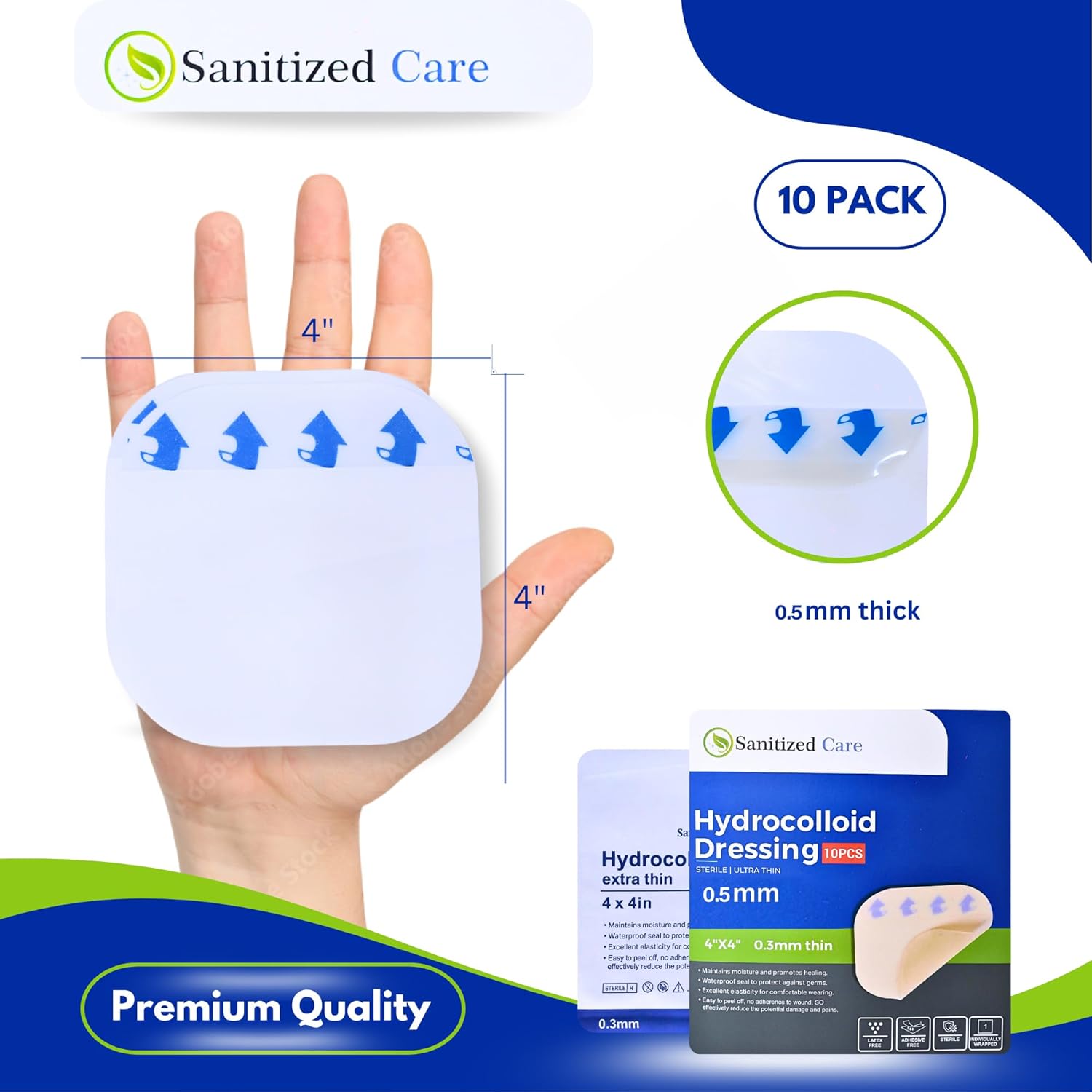 Hydrocolloid Dressing (10 Pack) 4x4 – 0.5mm, Thin Hydrocolloid Bandage, Wound Care Adhesive Pads for Acne, Blisters, Bed Sores & Ulcer