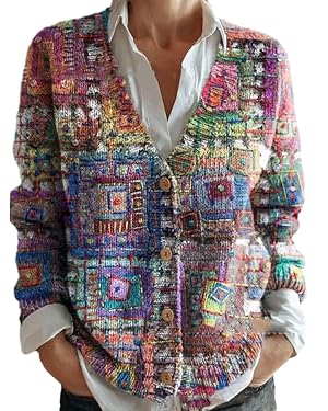 Womens Boho Knitted Cardigan Sweater Colorful Patchwork Floral Patterned Oversized Fall Sweaters for Women 2025