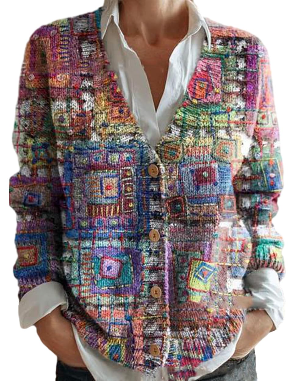 Womens Boho Knitted Cardigan Sweater Colorful Patchwork Floral Patterned Oversized Fall Sweaters for Women 2025