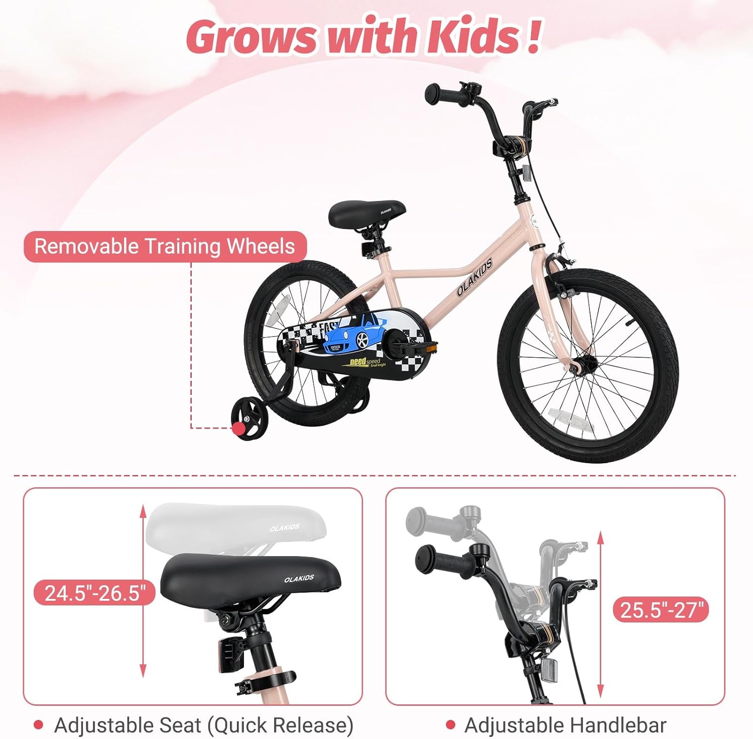 Olakids Kids Bike, 12 14 16 18 Inch Racing Car Themed Toddlers Bike with Training Wheels Adjustable Seat and Handlebar Coaster Brake and Handbrake, Children Bicycle for Boys Girls