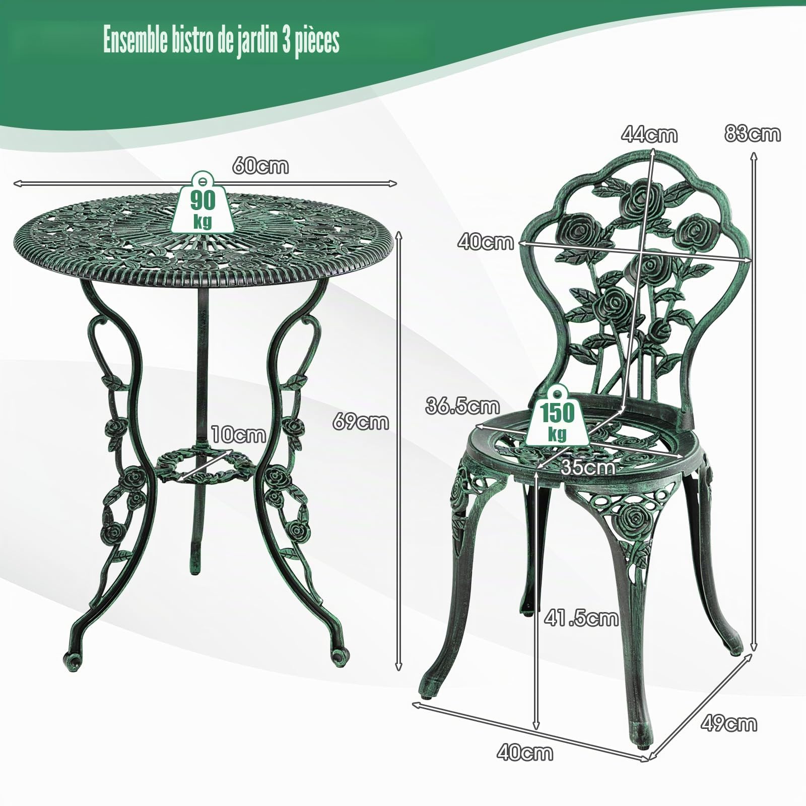 Salon de Jardin 2 Personnes Fonte Aluminium Table Extérieure avec 2 Chaises Trou Parasol Motif Rose Vert