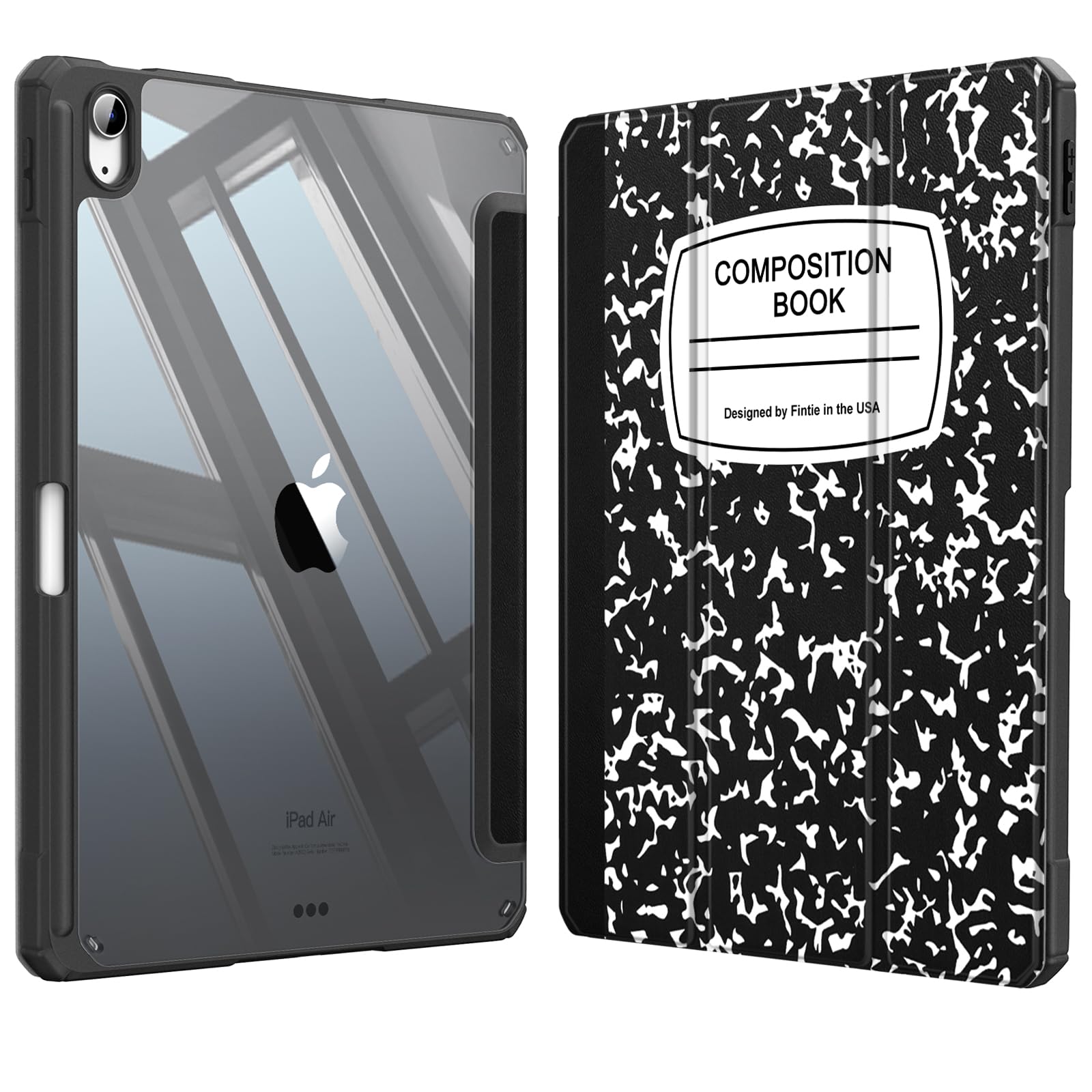 FINTIE Hybrid Slim Case for iPad Air 5th Generation (2022) / iPad Air 4th Generation (2020) 10.9 Inch - [Built-in Pencil Holder] Shockproof Cover with Clear Transparent Back Shell,(Composition Book)
