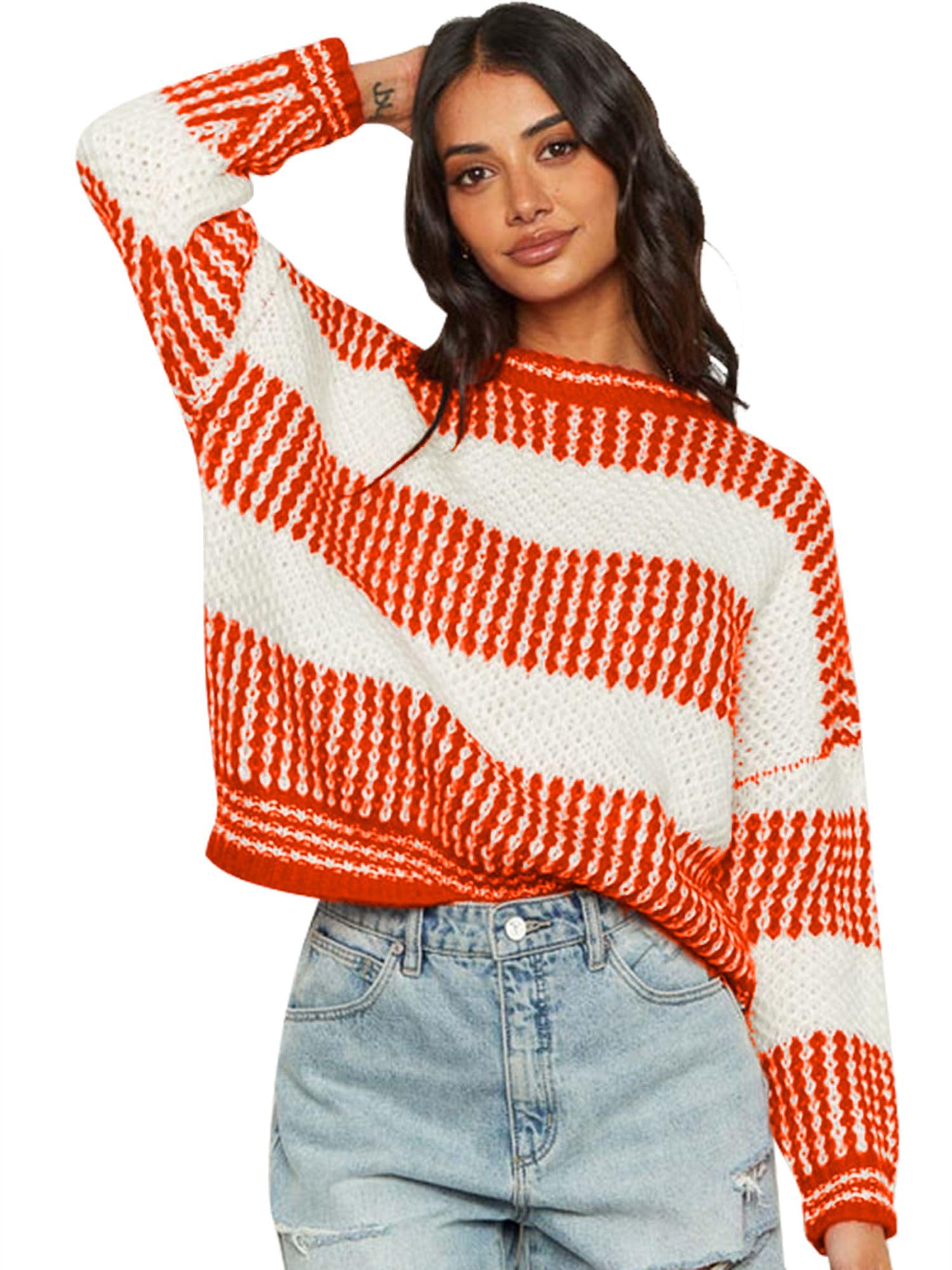 ZAFUL Women's Halloween Knit Sweater Crew Neck Pumpkin Print Pullover Long Sleeve Casual Loose Jumper Crop Tops