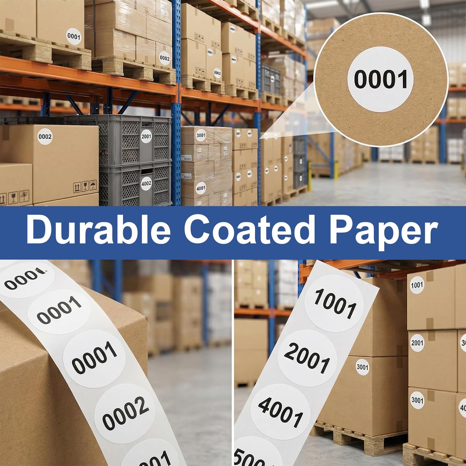 5 Rolls Consecutive Number 0001 to 5000 Label Bundle - 5000 PCS 1" White Round Sequential Number Label Stickers for Inventory Counting, Warehouse or Factory, 1000 Count/Roll