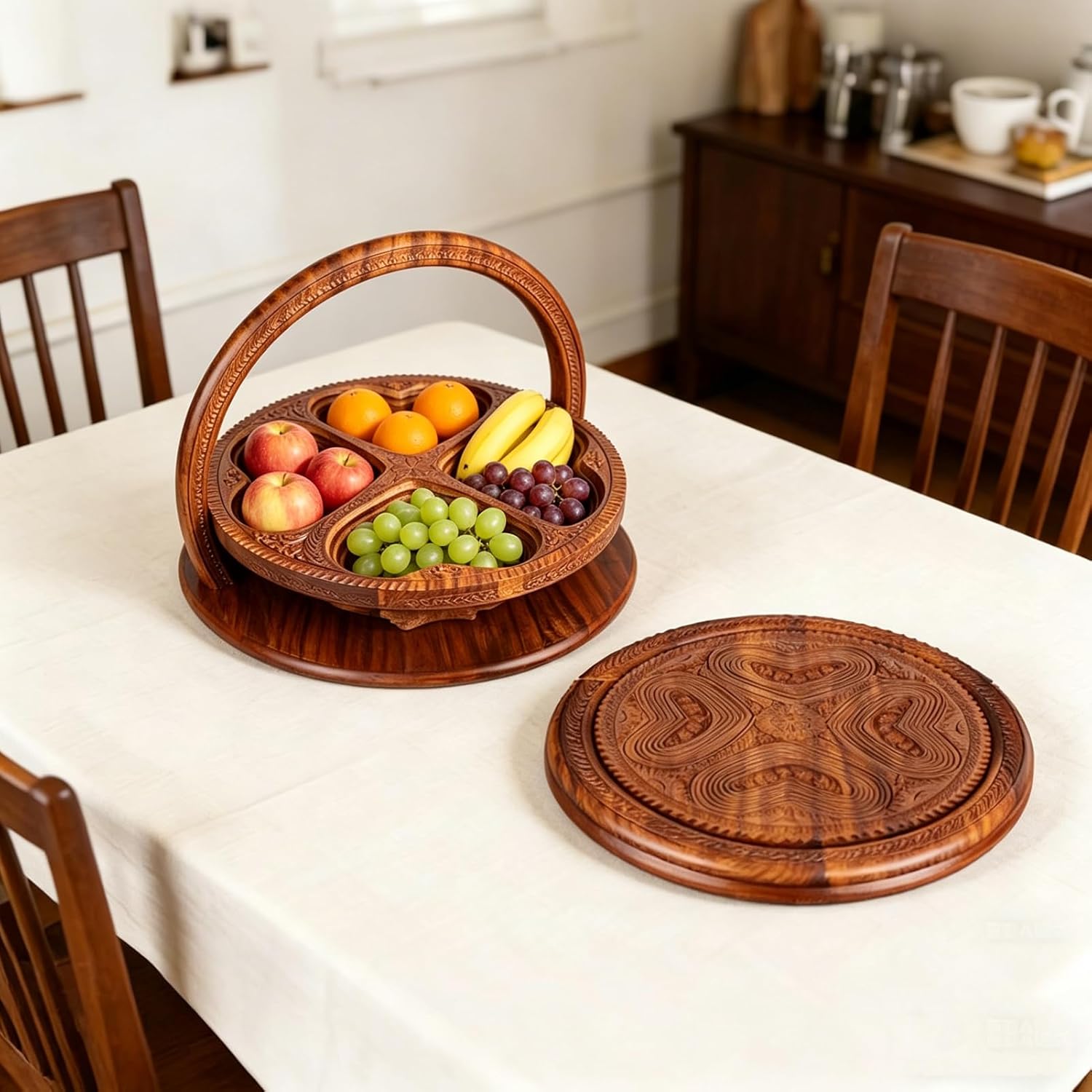 Handmade 12" Foldable Wooden Basket, Collapsible Fruit Basket Walnut Carving Fruit Plate for Fruit, Bread and Nuts, Kitchen Storage Serving (4 grids)