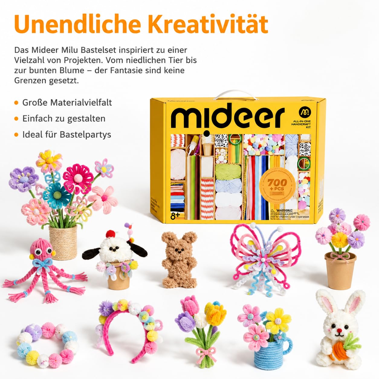 Qianly Bastelset für Jungen & Mädchen, über 700 Teile DIY Bastelkoffer mit Pfeifenputzer zum Basteln, Pompons, Holzperlen, Karton, Anleitung, Lernspielzeug