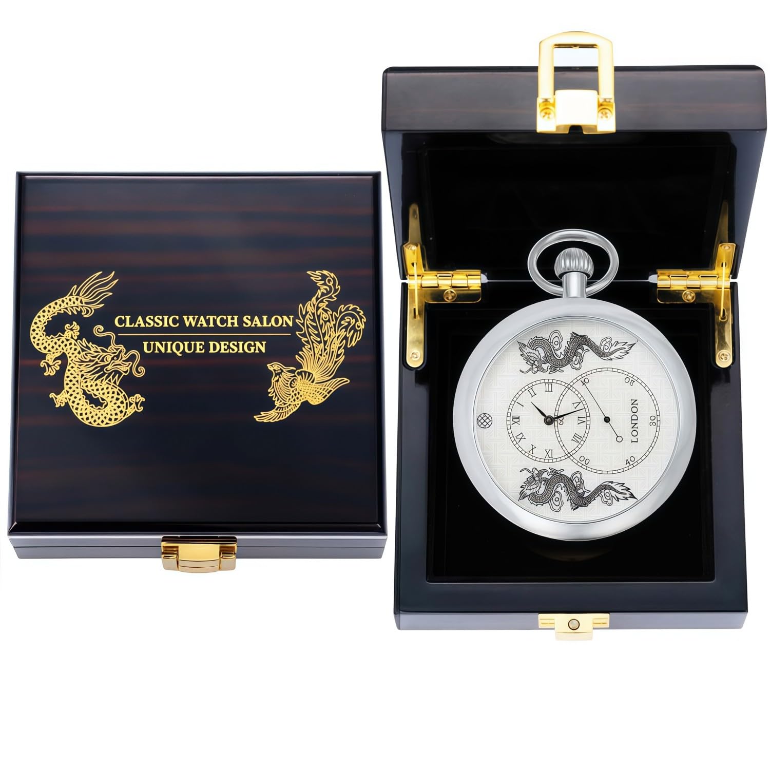 Orologio da taschino da uomo, con doppio drago, meccanismo in argento, cassa con catena