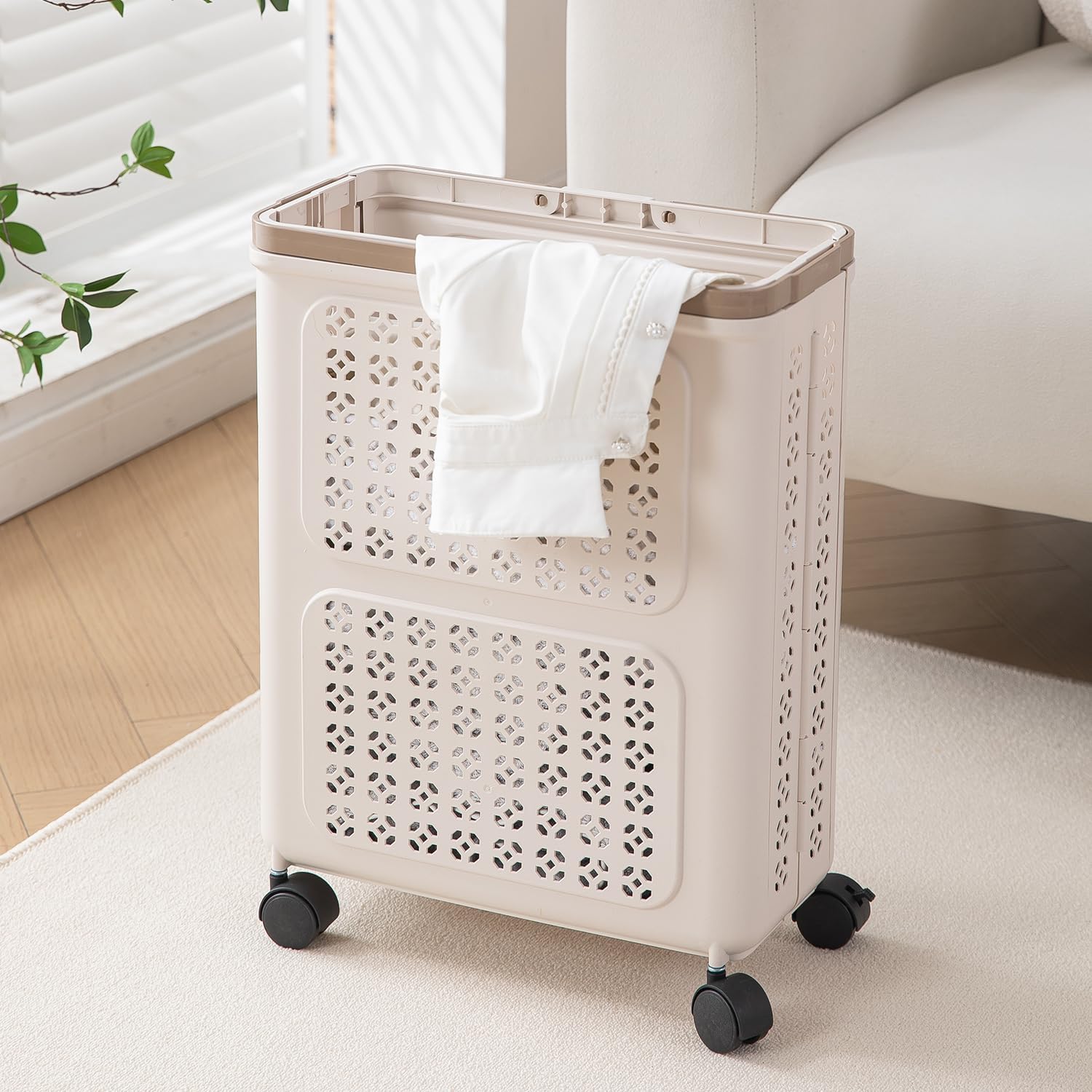HOKIPO Foldable Laundry Basket with Wheels | Rolling Plastic Storage Hamper for Clothes, Toys & More – Portable Organizer Bin for Home & Wardrobe –30L Beige (NEW-AR-6074)-image-47
