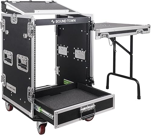 Sound Town Estuche ATA de audio PA DJ Pro de 14U con cajón de 2U, mezclador inclinado de 11U, mesa de trabajo para DJ, ruedas, grado Pro Tour
