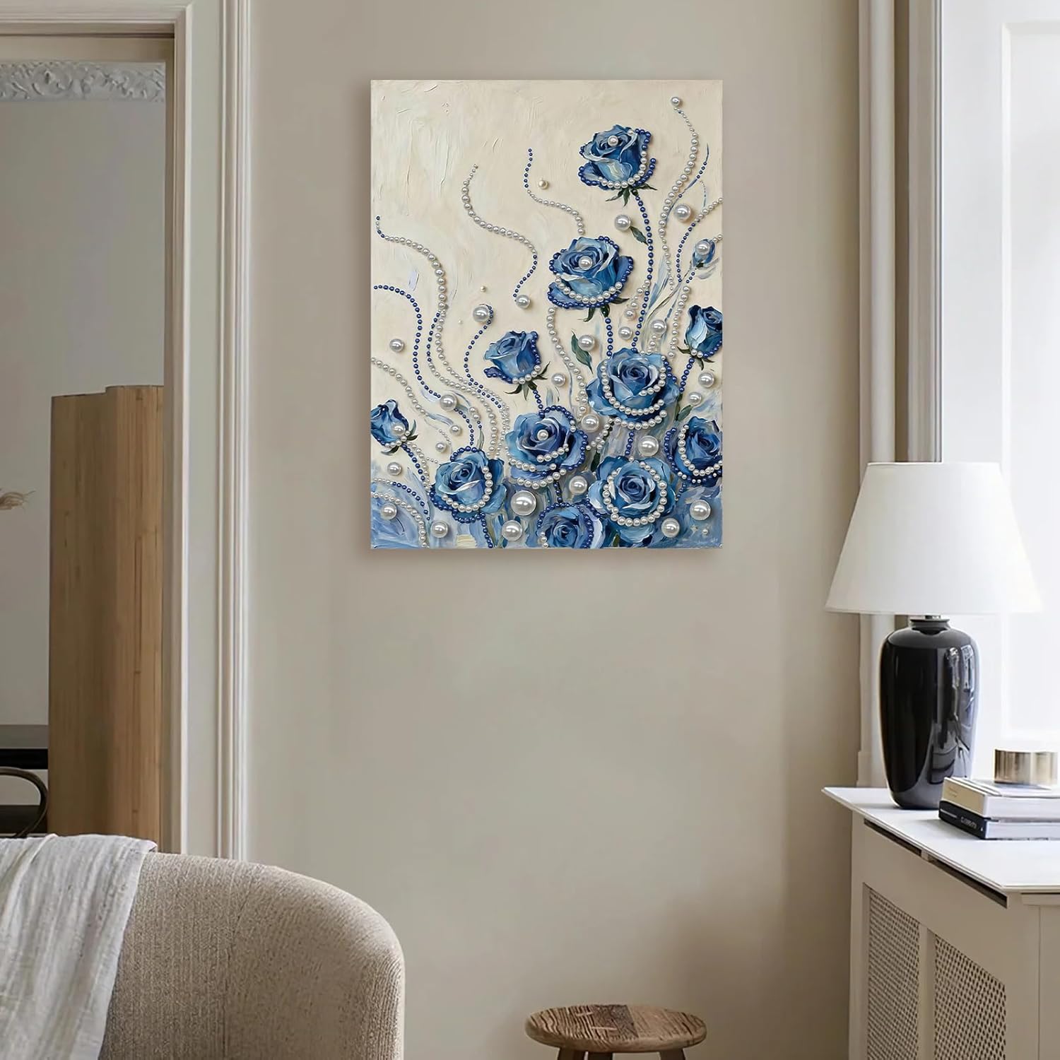Pearl Gem Diamond Art Painting Kits,Blue Flowers Pattern Diamond Dots Pearl Gem Paintings Picture Arts Craft 30x40cm with Frame for Adults Gift Home Decor