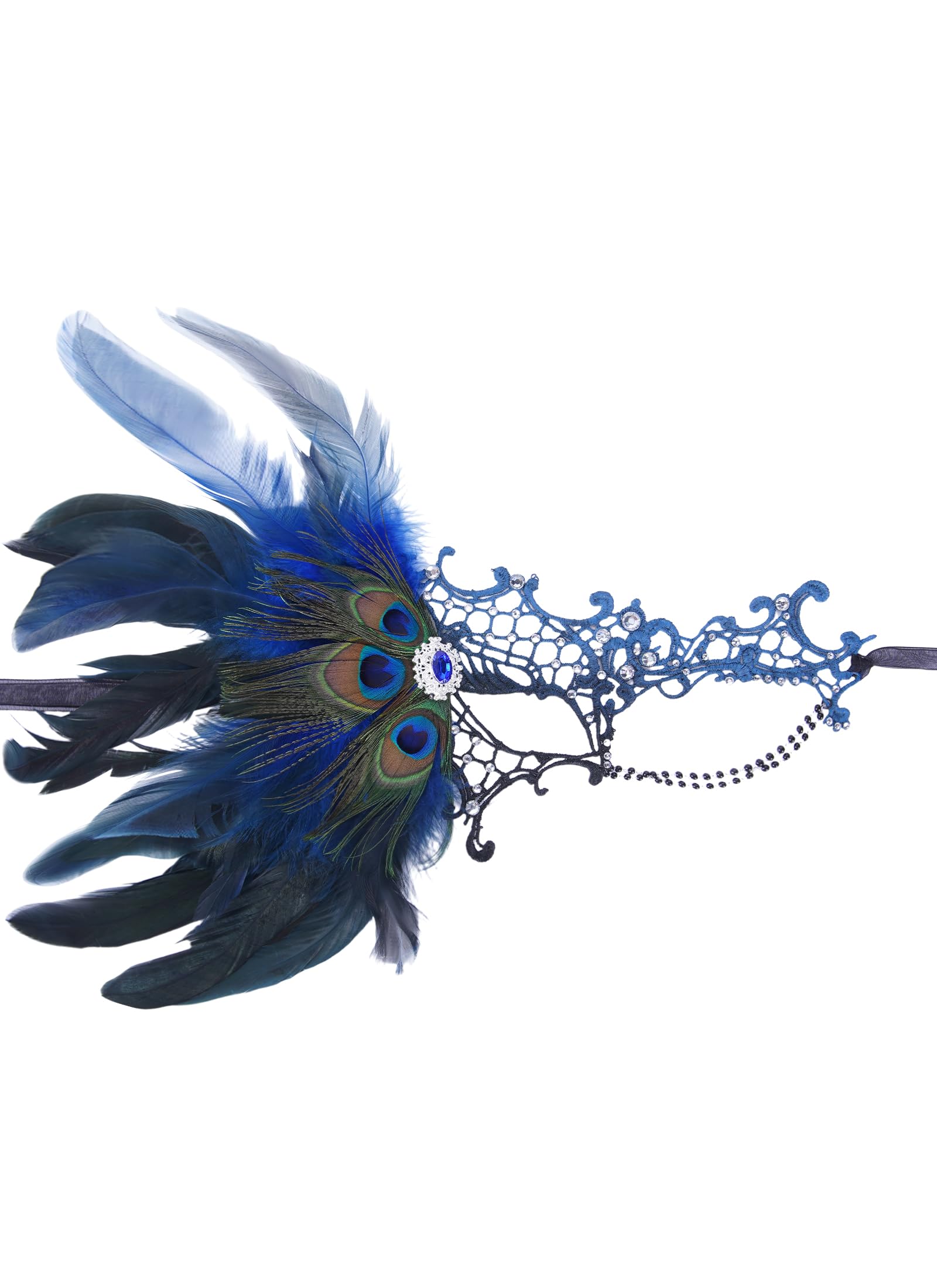ETOFETE Lace Masquerade Mask for Women Peacock Feather Eyemask, Black Blue