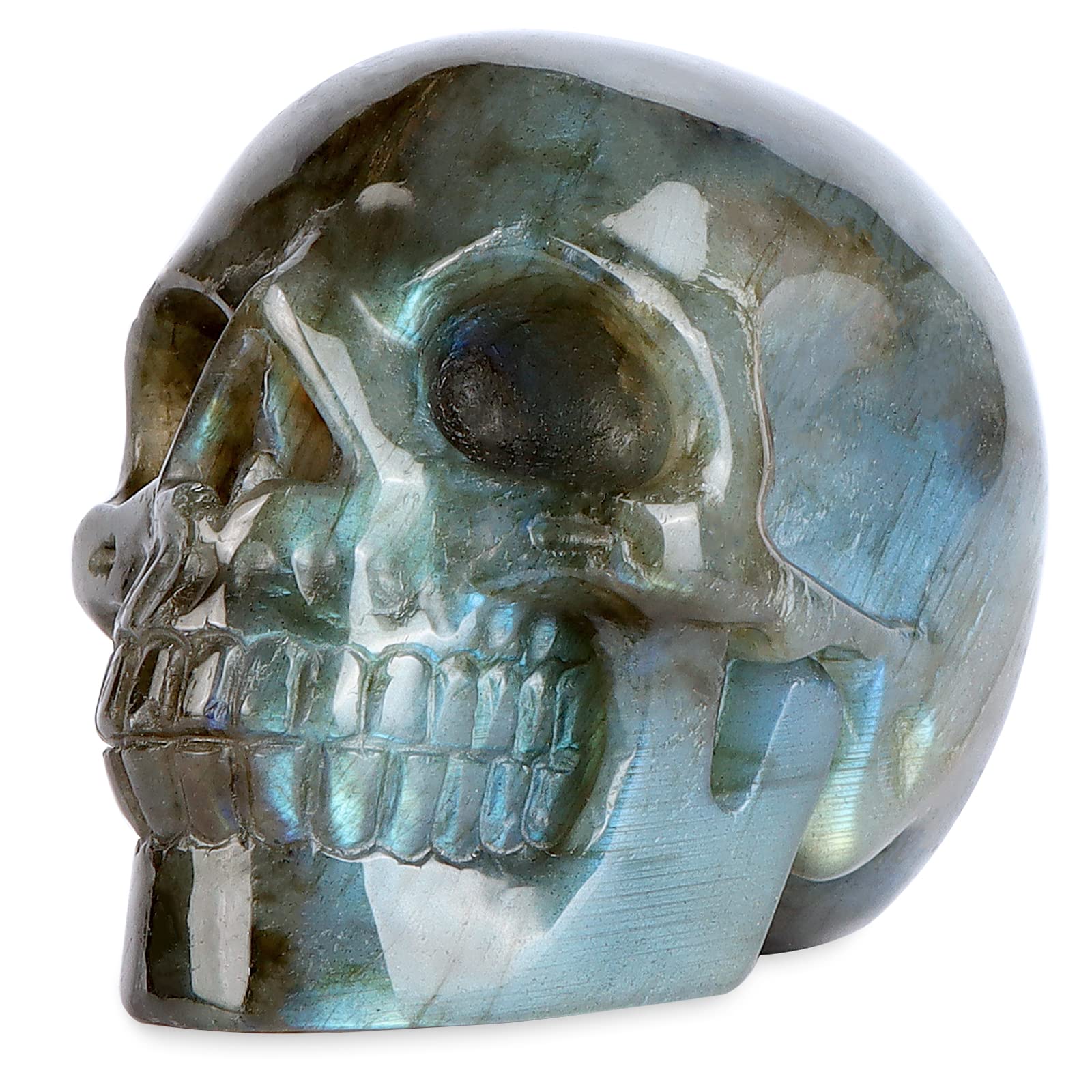 Artistone Labradorite Crystal Halloween Skull Head Stone Statue Decor Hand Carved Gemstone Crystal Figurines Sculpture,Reiki Healing Stones for Home Office Decorative