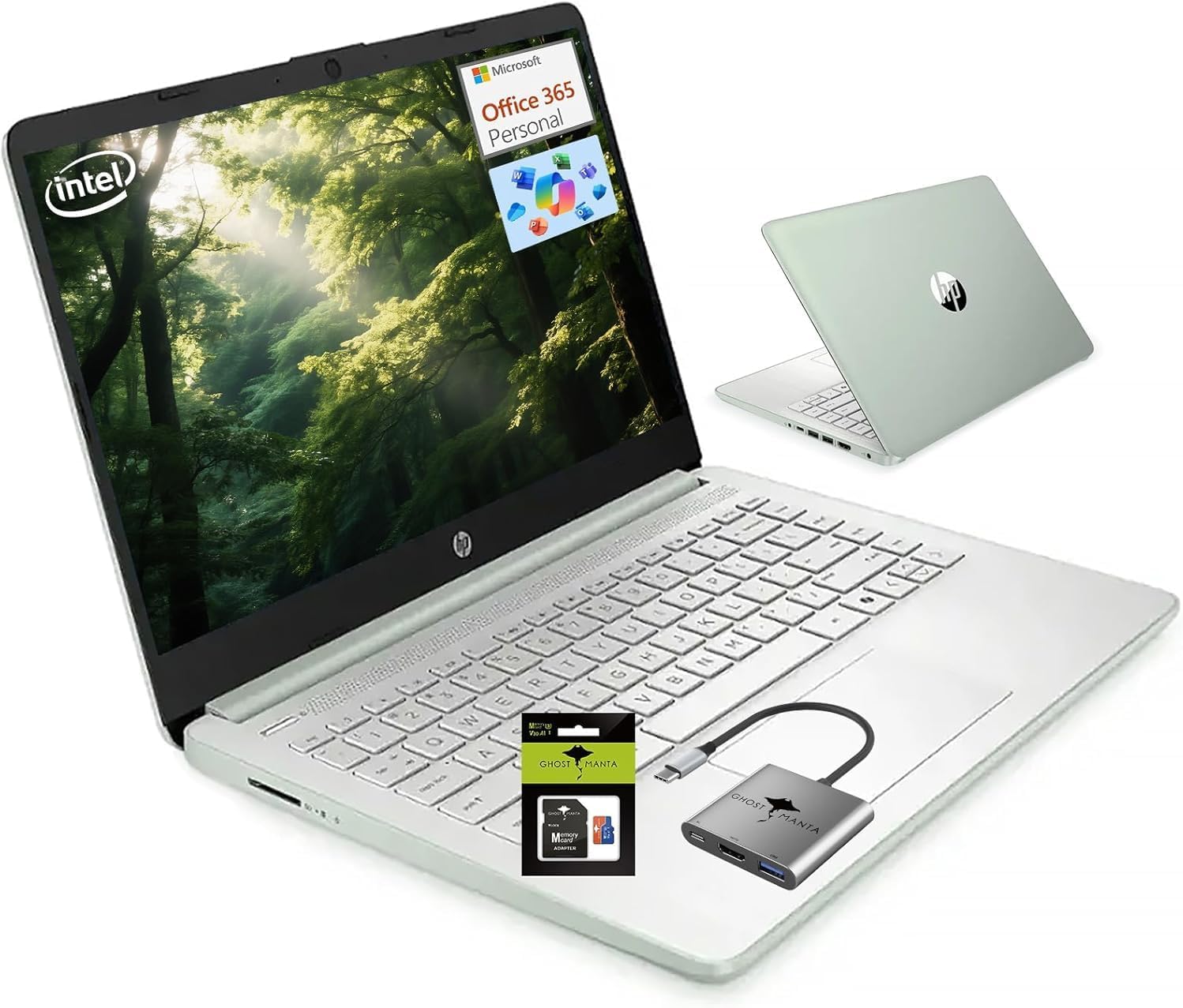 HP 14" Student-Laptop office365 Copilot AI, Quad-Core Processor(Up to 3.6GHz) 16GB RAM 192GB Storage(128GB UFS + 64GB Ghost Manta SD Card) Computer-Laptop with Wi-Fi 6 Win11 Willow Green