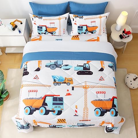 7 Pieces Boys Comforter Set Twin Size Excavator Bedding Set Cartoon Car Kids Bed in...