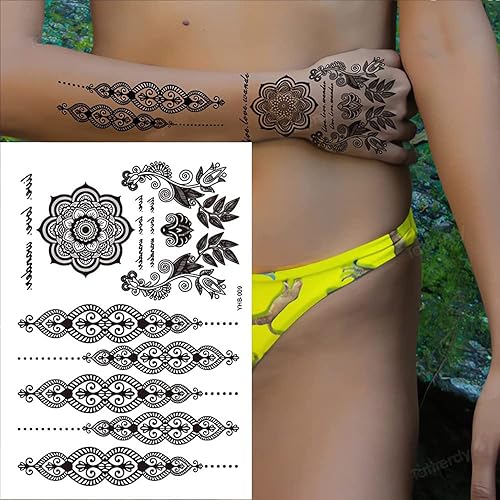 Miniatura 8 de Tatuajes temporales de henna marrón para mujeres y niñas, calcomanías de tatuaje falso de encaje, misterio sexy, mandala flor, diseño de arte